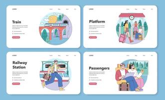 Train trip web banner or landing page set. Characters traveling by train. vector