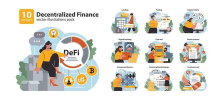 DeFi, decentralized finance set. Smart distributed ledger vector