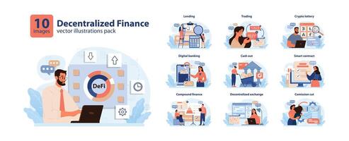 DeFi, decentralized finance set. Smart distributed ledger vector