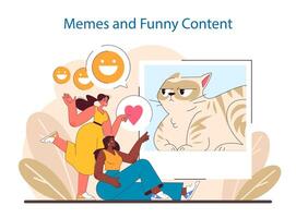 Humor in Social Media concept. Users enjoying and sharing light-hearted meme content vector