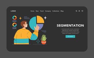 Segmentation dark or night mode web, landing. Man analyzing a pie chart vector