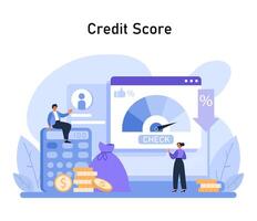 A visual guide to understanding and checking your credit score, illustrated with a calculator, gauges, and financial symbols vector