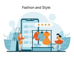 Shoppers use a smartphone app to rate outfits, embodying the modern interplay of fashion, technology, and consumer choice vector