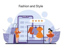 Shoppers engage with the latest trends, selecting outfits from a clothing rack vector