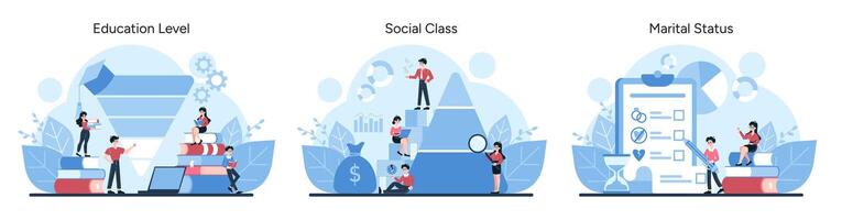 Showcases education, social class, and marital status as market categories vector