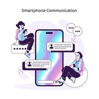 dos personas contratar en digital conversacion vía texto mensajes en teléfonos inteligentes, capturar moderno comunicación vector