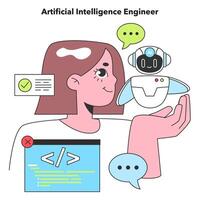 An Artificial Intelligence Engineer is engaged with an AI robot, illustrating the interaction between human innovation and machine learning technology vector