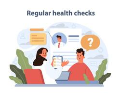 Regular Health Checks visual. A friendly consultation scene with a doctor. vector