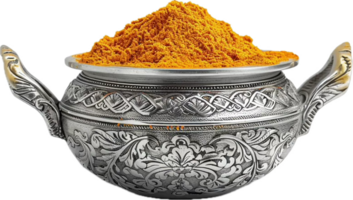 AI generated Turmeric Powder in Ornate Silver Bowl png