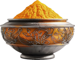 AI generated Turmeric Powder in Ornate Silver Bowl png