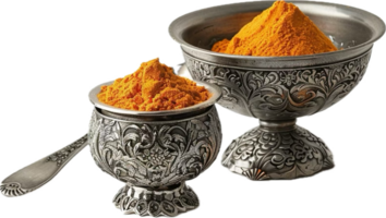 AI generated Turmeric Powder in Ornate Silver Bowl png