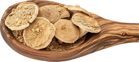 AI generated Dried Shiitake Mushrooms and Powder on Wooden Spoon png