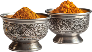 AI generated Turmeric Powder in Ornate Silver Bowl png