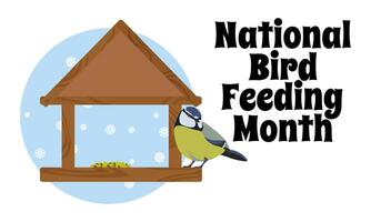 National Bird Feeding Month, horizontal poster or banner design with tit and bird feeder vector