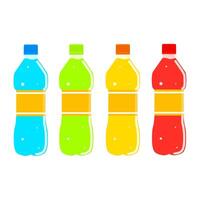 Vector illustration of different flavored fizzy drinks isolated on white background. Colorful liquid in bottles. Fresh and cold drinks. Refreshment concept.