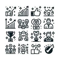Success, award, growth, win, thumbs up, key editable stroke outline icons set isolated on white background flat black and white vector