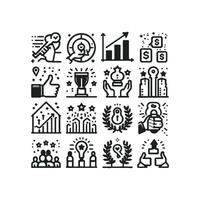 Success, award, growth, win, thumbs up, key editable stroke outline icons set isolated on white background flat black and white vector