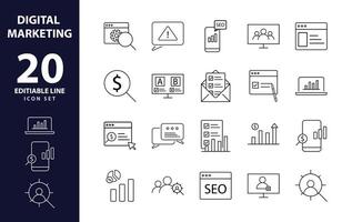 Dynamic Digital Presence Comprehensive Set of Digital Marketing Line Icons Website, SEO, Social Media. vector