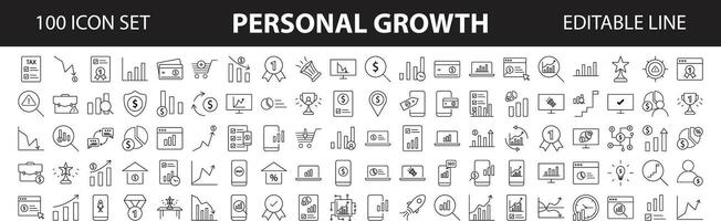 Set of 100 Personal growth editable line icons. Success and Growth Editable Icons set. Vector illustration in modern thin line style of business icons. achievement, arrow, aspiration, award, career,