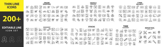 Set of 200 Business and Finance web icons in line style. Money, bank, contact, office, payment, strategy, accounting, infographic. Icon collection. Vector illustration. Minimal and Modern