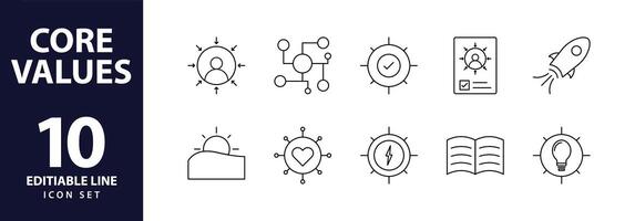 núcleo valores íconos píxel Perfecto. negocio, éxito, excelencia, aspiración, cliente, colaboración, vector