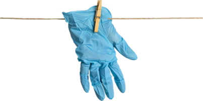 ai gegenereerd blauw rubber handschoen hangende Aan Kledinglijn PNG