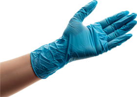 ai gegenereerd hand- vervelend een blauw beschermend latex handschoen PNG