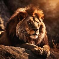 AI generated Lion resting against a rock in the warm sunlight, soft light photo