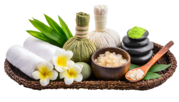 ai generiert Spa Massage Wellness im gewebte Tablett. thailändisch Spa Massage traditionell und Spa Kraut entspannend Behandlung png