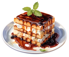 AI generated Watercolor Piece of tiramisu and chocolate with blue berry topping cake dessert on a plate png