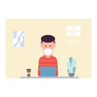 Man at desktop working with laptop Corporate worker Freelancer or office worker. Vector illustration in simple concept flat style