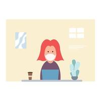 Man at desktop working with laptop Corporate worker Freelancer or office worker. Vector illustration in simple concept flat style