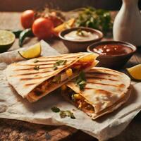 ai generado mexicano Quesadilla rebanado con vegetales y salsas en el mesa, suave Encendiendo foto