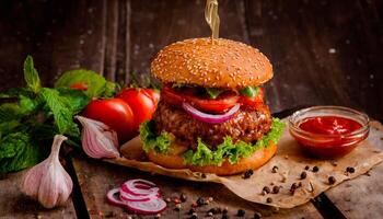 AI generated Juicy burger product photo, Artisan, Rustic, Food photography, Delicious photo