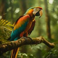 AI generated Vibrant macaw perched on a branch in the forest photo