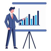Man with a diagram on the board is giving a presentation with a pointer. Business presentation. Vector flat icon.