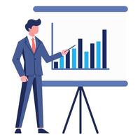 Man with a diagram on the board is giving a presentation with a pointer. Business presentation. Vector flat icon.