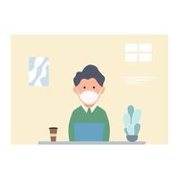 Man at desktop working with laptop Corporate worker Freelancer or office worker. Vector illustration in simple concept flat style