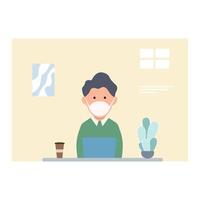 Man at desktop working with laptop Corporate worker Freelancer or office worker. Vector illustration in simple concept flat style