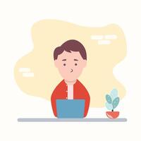 Man at desktop working with laptop Corporate worker Freelancer or office worker. Vector illustration in simple concept flat style