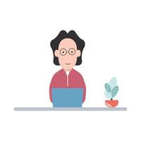 Man at desktop working with laptop Corporate worker Freelancer or office worker. Vector illustration in simple concept flat style