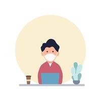 Man at desktop working with laptop Corporate worker Freelancer or office worker. Vector illustration in simple concept flat style