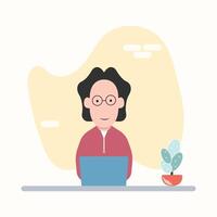 Man at desktop working with laptop Corporate worker Freelancer or office worker. Vector illustration in simple concept flat style