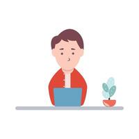 Man at desktop working with laptop Corporate worker Freelancer or office worker. Vector illustration in simple concept flat style