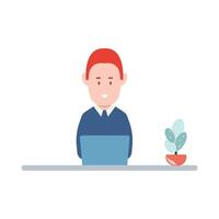 Man at desktop working with laptop Corporate worker Freelancer or office worker. Vector illustration in simple concept flat style