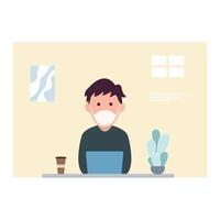 Man at desktop working with laptop Corporate worker Freelancer or office worker. Vector illustration in simple concept flat style