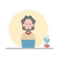 Man at desktop working with laptop Corporate worker Freelancer or office worker. Vector illustration in simple concept flat style