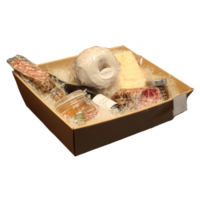 Assorted deluxe charcuterie gift basket with cheeses and meats, ready for gifting png