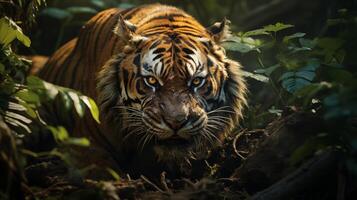 ai generado Sumatra Tigre con amarillo ojos acecho presa, vegetación en tropical indonesio selva fondo, cinematográfico disparar, ultrarreal, Mañana ligero foto