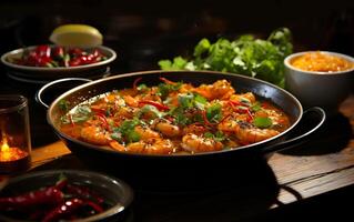 AI generated Spicy delicious food shrimp soup on a plate on a table photo